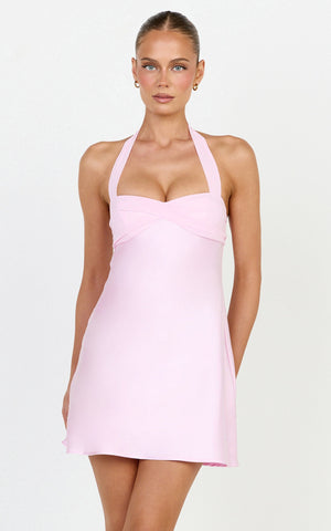 Flynn Mini Dress - Satin Halter Sweetheart Neck Dress in Pink