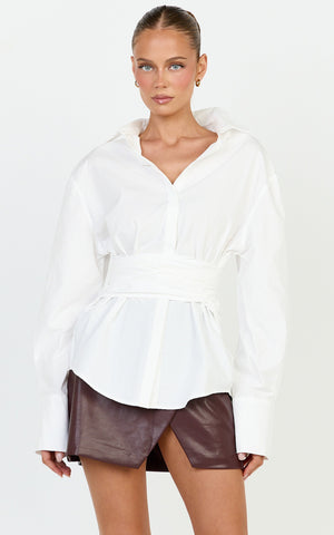 Skye Top - Tie Waist Shirt in White