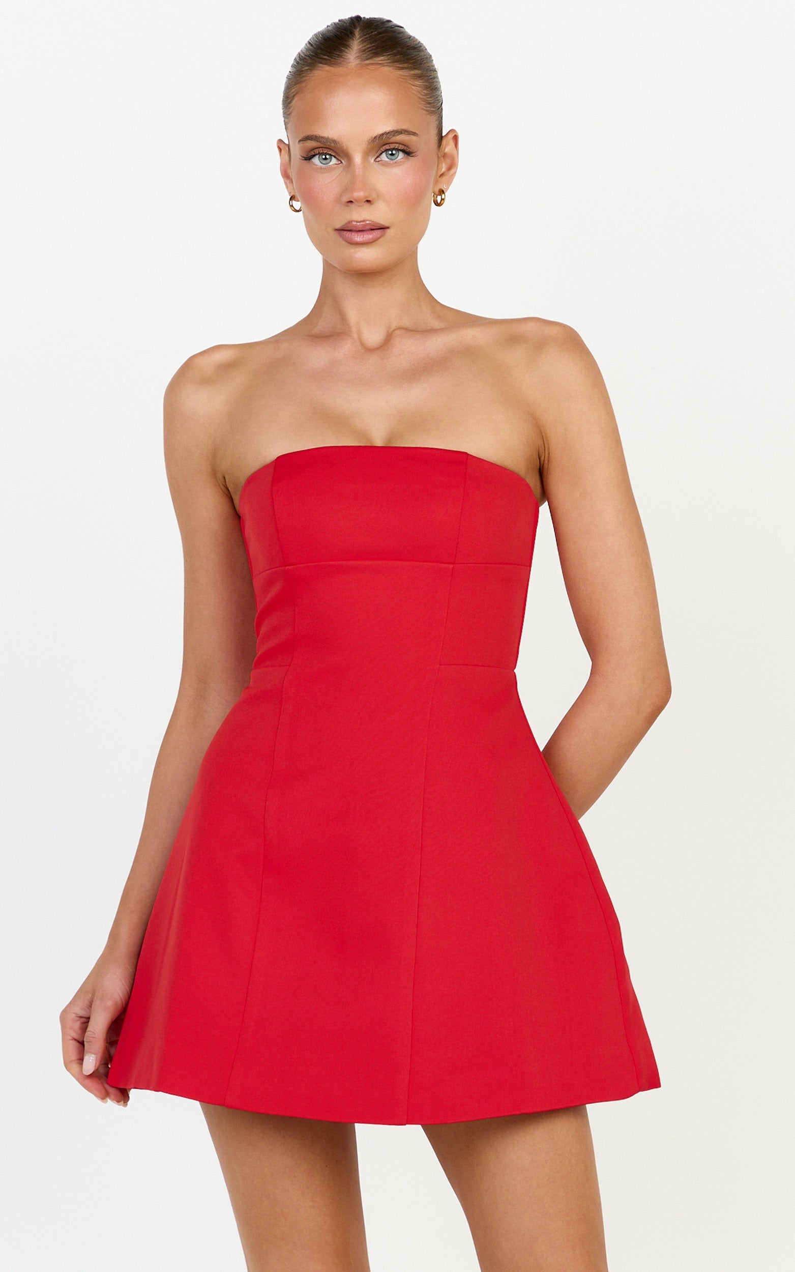 Catharine Mini Dress - Strapless A Line Dress in Red
