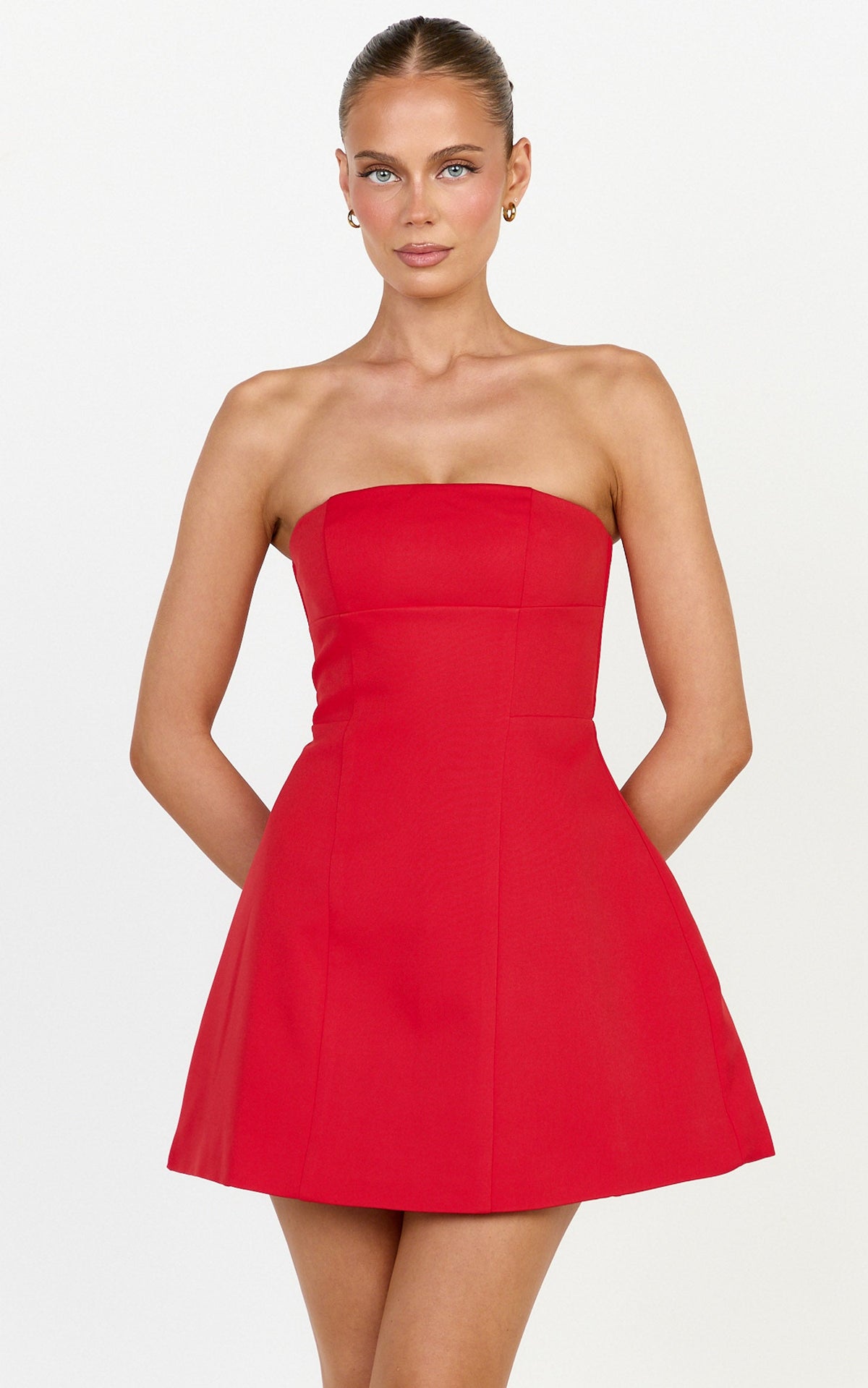 Catharine Mini Dress - Strapless A Line Dress in Red