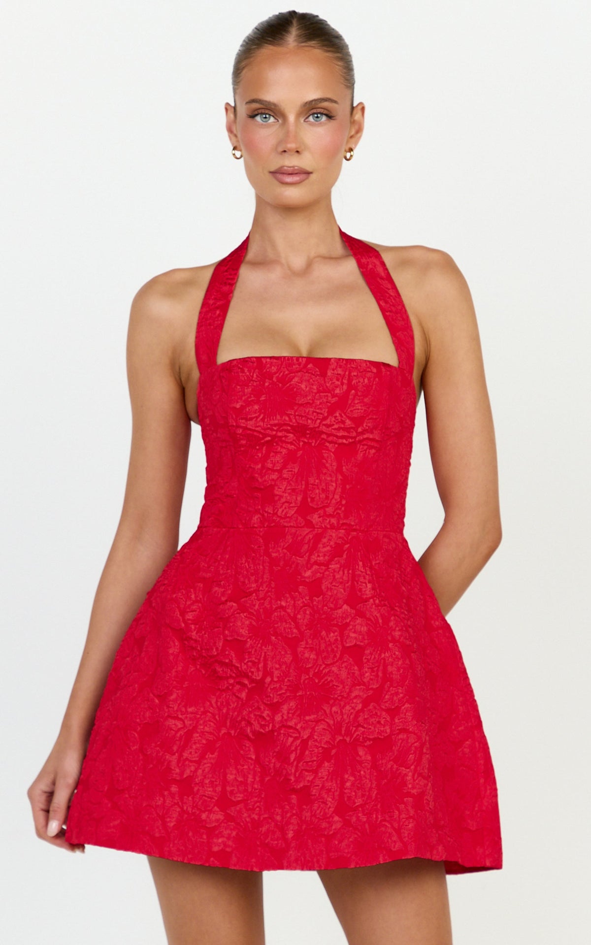 Gabbie Mini Dress - Jacquard Halter Fit And Flare Dress in Red