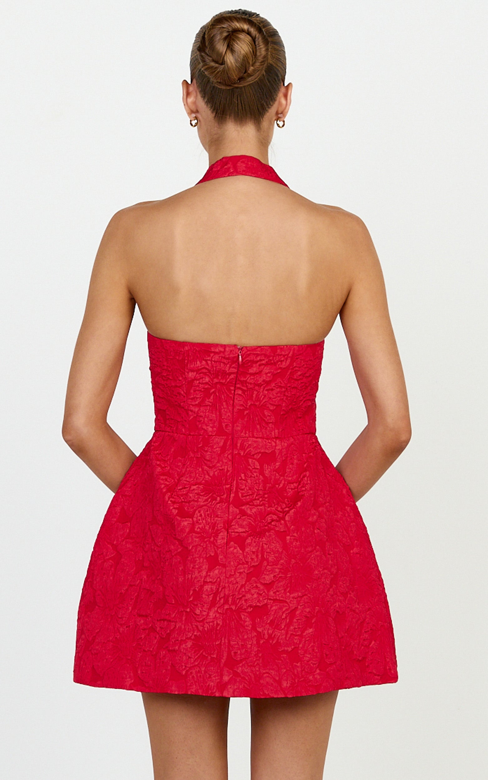 Gabbie Mini Dress - Jacquard Halter Fit And Flare Dress in Red