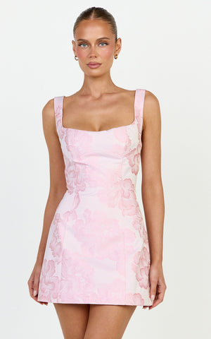 Orla Mini Dress - Jacquard Scoop Neck Fitted Dress in Pink