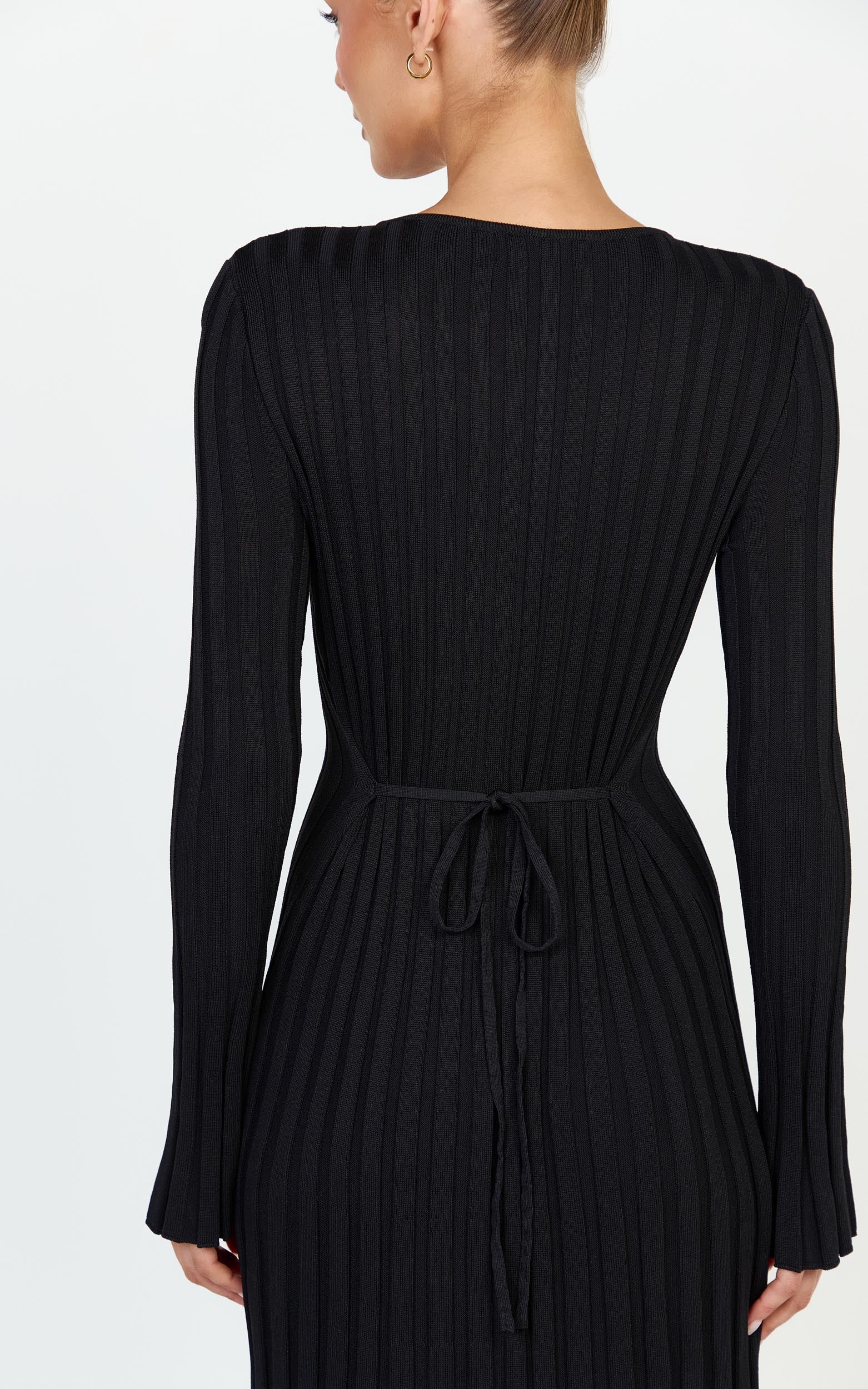 Blaire Midi Dress - Long Sleeve Tie Back Flare Dress in Black