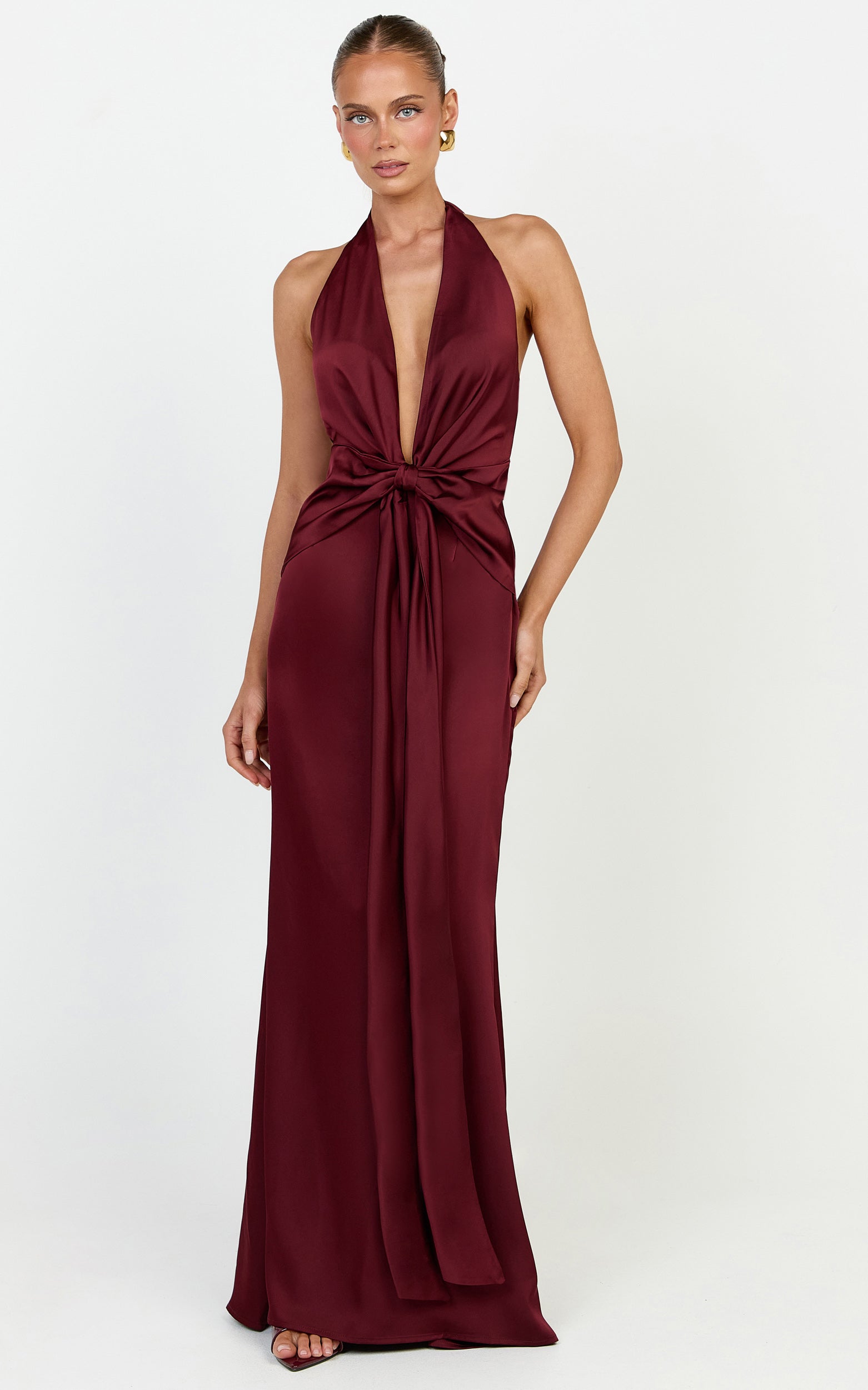 Raven Maxi Dress - Deep V Neck Tie Front Satin Dress in Wine