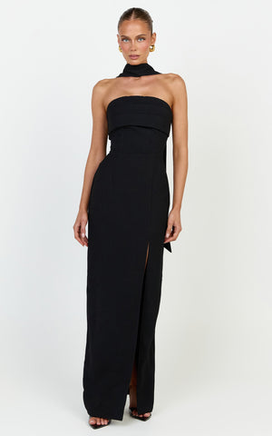 Marcelline Maxi Dress - Strapless Split Leg Fitted Dress With Neck Scarf in Black