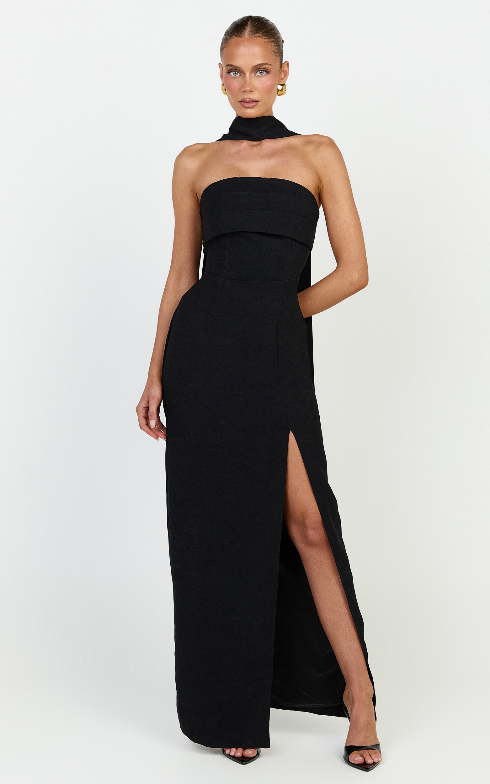 Marcelline Maxi Dress - Strapless Split Leg Fitted Dress With Neck Scarf in Black