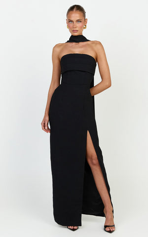 Marcelline Maxi Dress - Strapless Split Leg Fitted Dress With Neck Scarf in Black