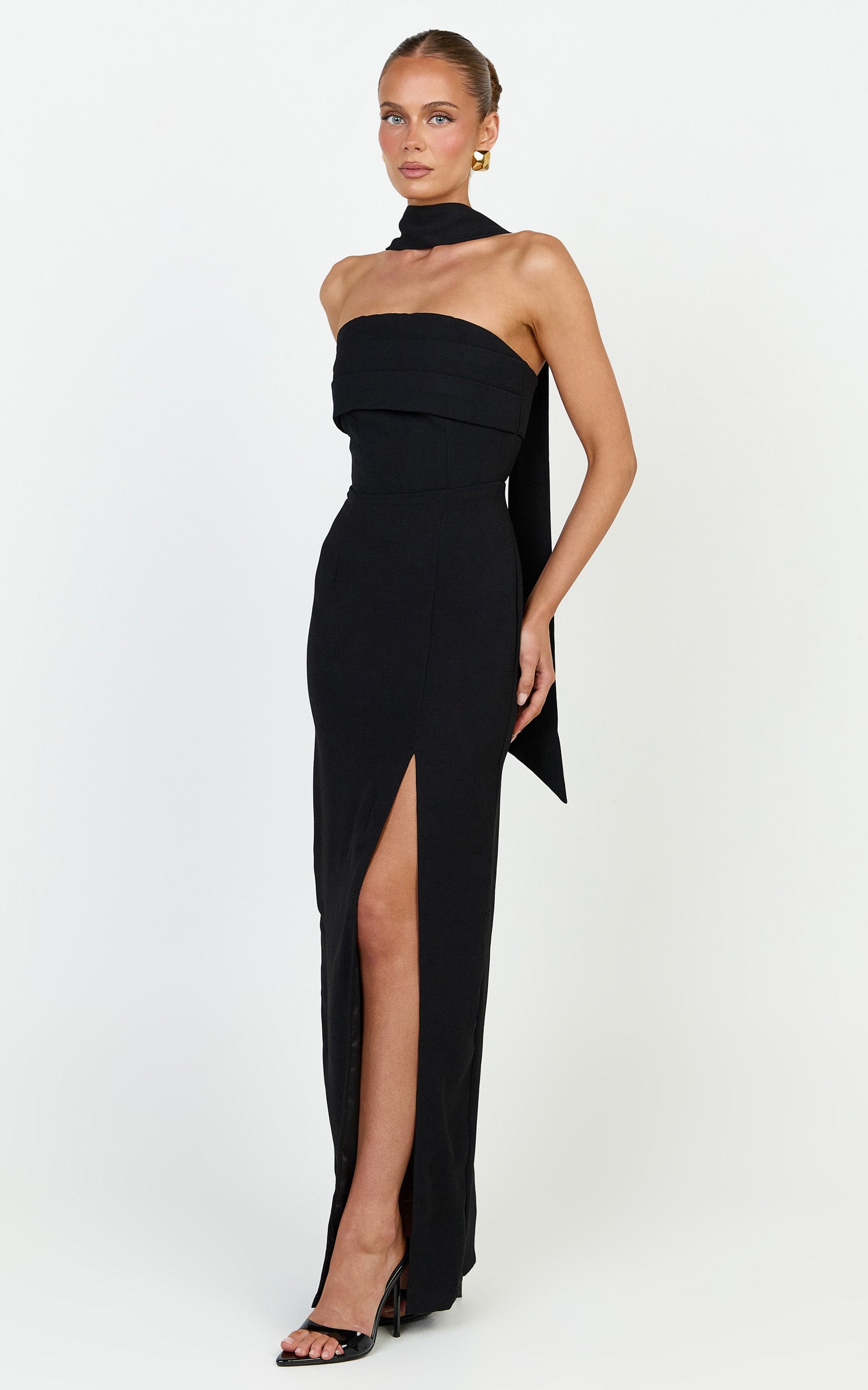 Marcelline Maxi Dress - Strapless Split Leg Fitted Dress With Neck Scarf in Black