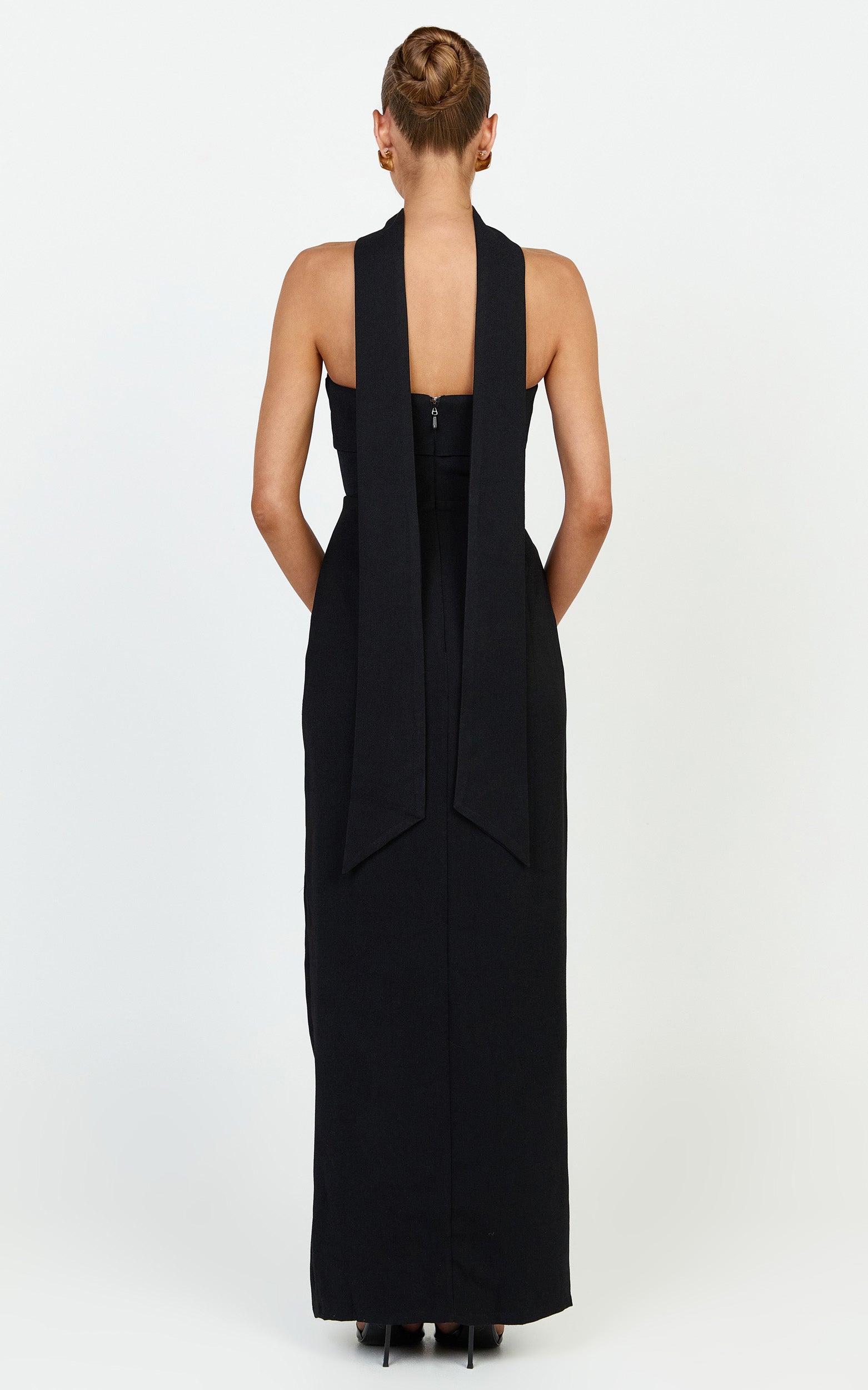 Marcelline Maxi Dress - Strapless Split Leg Fitted Dress With Neck Scarf in Black