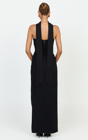 Marcelline Maxi Dress - Strapless Split Leg Fitted Dress With Neck Scarf in Black