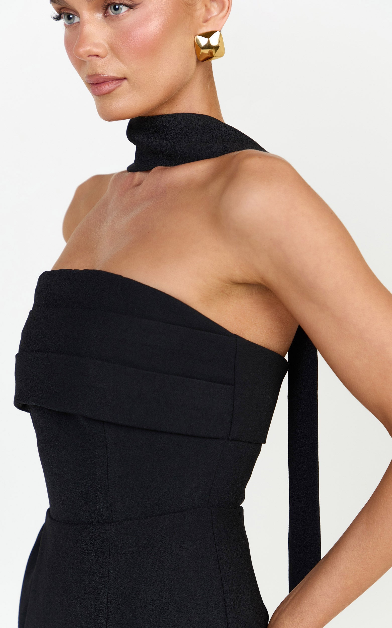 Marcelline Maxi Dress - Strapless Split Leg Fitted Dress With Neck Scarf in Black