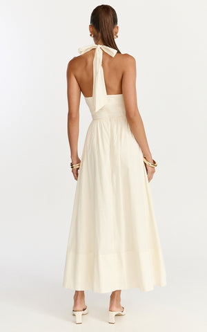 Everly Midi Dress - Tie Halter Neck Button Down Bodice Fit And Flare Dress in Cream
