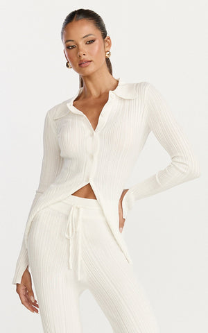 Kelsey Top - Button Through Long Sleeve Knit Top in Cream