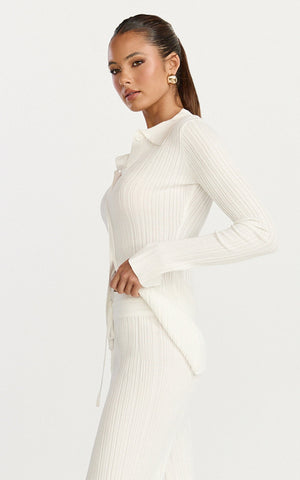Kelsey Top - Button Through Long Sleeve Knit Top in Cream