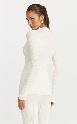 Kelsey Top - Button Through Long Sleeve Knit Top in Cream