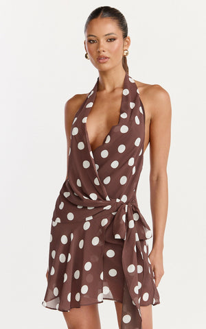 Lia Mini Dress - Wrap Around Dress in Choc Polka Dot
