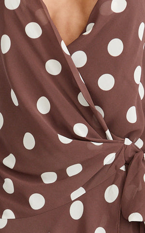 Lia Mini Dress - Wrap Around Dress in Choc Polka Dot