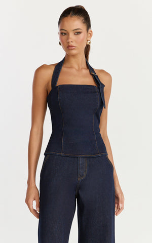 Nicky Top - Denim Hardware Buckle Halter Neck Top in Raw