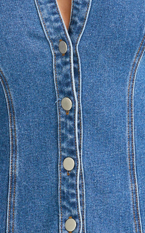 Inara Top - Button Down Long Sleeve Fitted Shirt in Dark Blue Wash