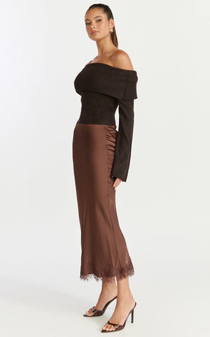 Darcie Top - Off Shoulder Long Sleeve Knit Top in Chocolate