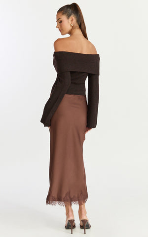 Darcie Top - Off Shoulder Long Sleeve Knit Top in Chocolate
