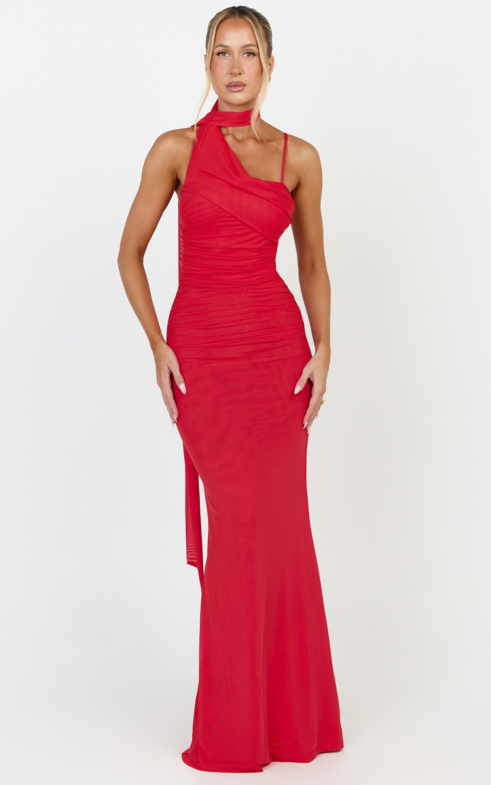 Larson Maxi Dress - Asymmetric Tie Neck Column Dress in Red