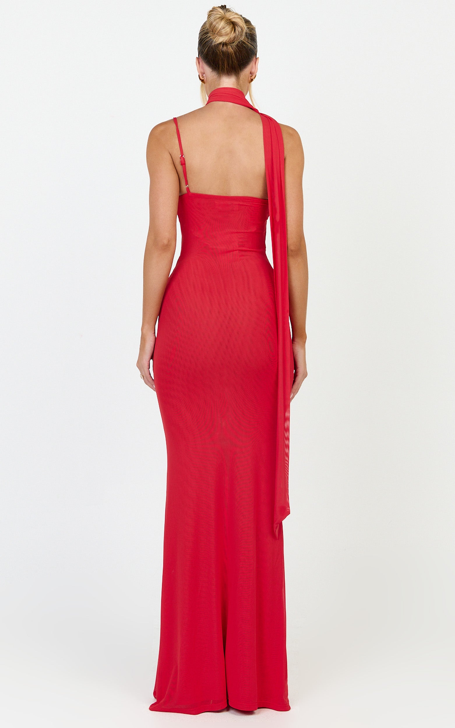 Larson Maxi Dress - Asymmetric Tie Neck Column Dress in Red