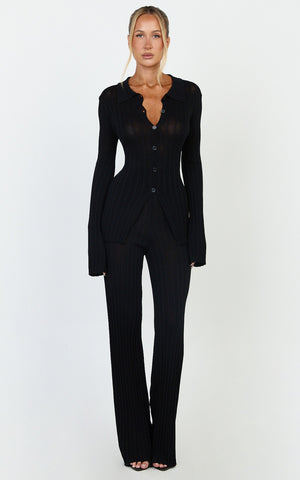 Ezra Two Piece Set - Knitted Button Down Long Sleeve Top and High Waist Pants Set in Black
