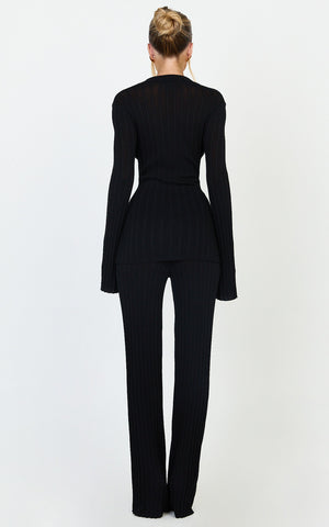 Ezra Two Piece Set - Knitted Button Down Long Sleeve Top and High Waist Pants Set in Black