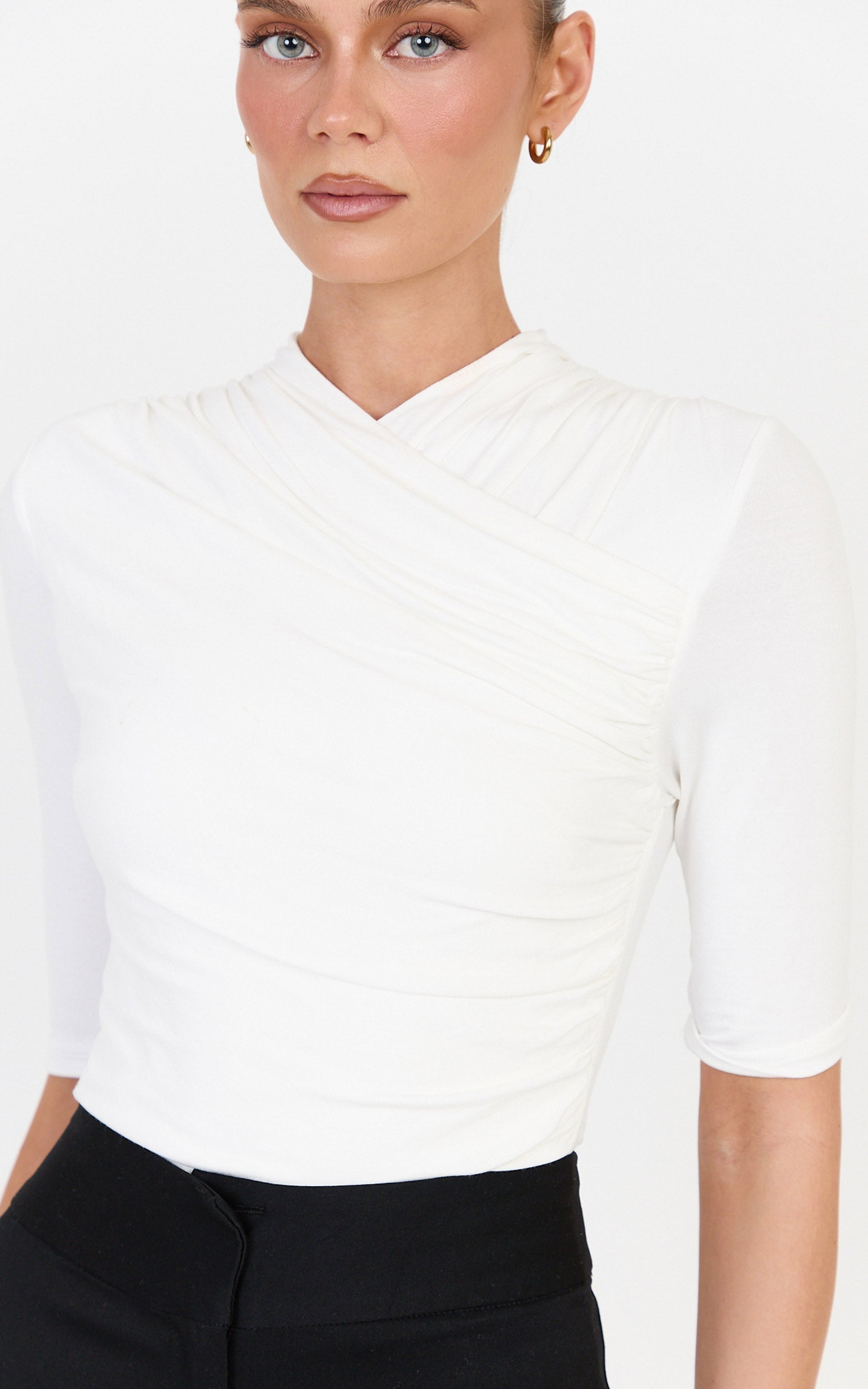 Tess Top - Cotton Blend Wrap V Neck Short Sleeve Top in Ivory