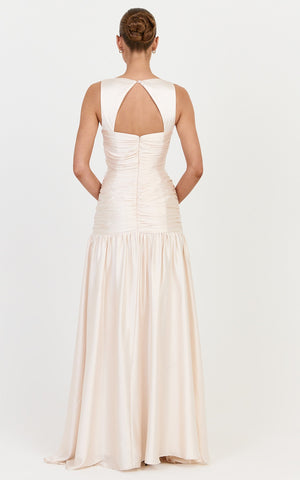 Alessandra Maxi Dress - Ruched Leg Split Dress in Champagne