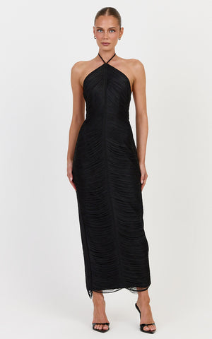 Tori Maxi Dress - Halter Neck Fringed Dress in Black