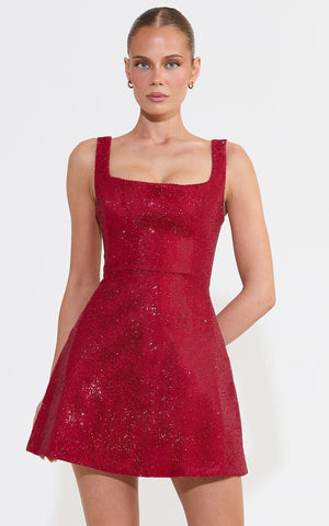 Gaia Mini Dress - Diamante Structured A Line Dress in Red Wine