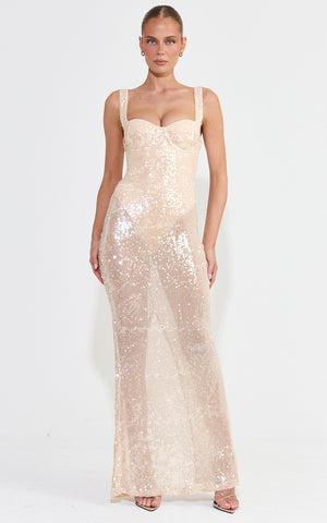 Noemi Maxi Dress - Sequin Sheer Dress With Back Split in Gold