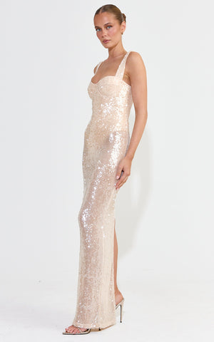 Noemi Maxi Dress - Sequin Sheer Dress With Back Split in Gold
