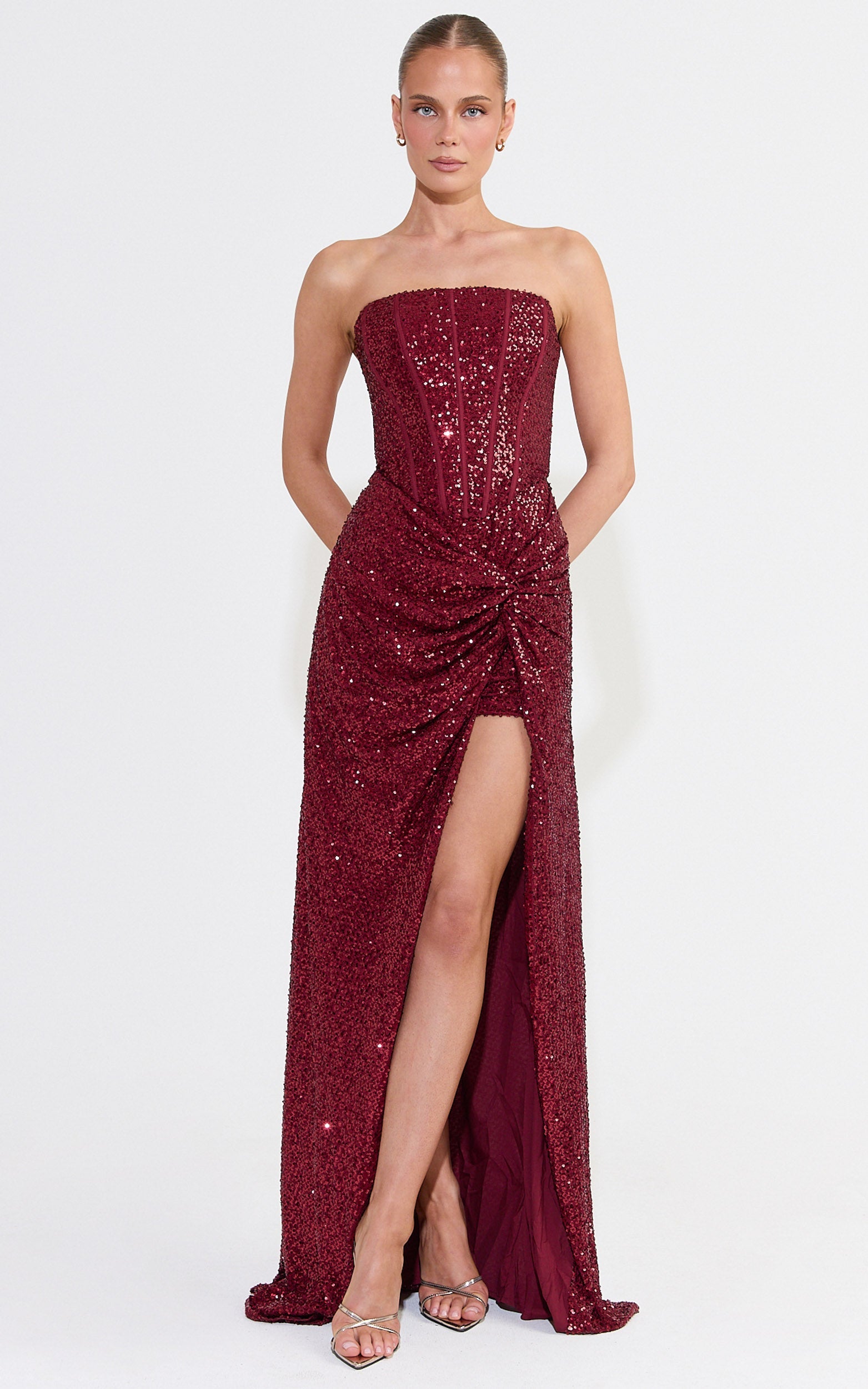 Tess Maxi Dress - Strapless Corset Bodice Sequin Dress With Draped Skirt in Wine