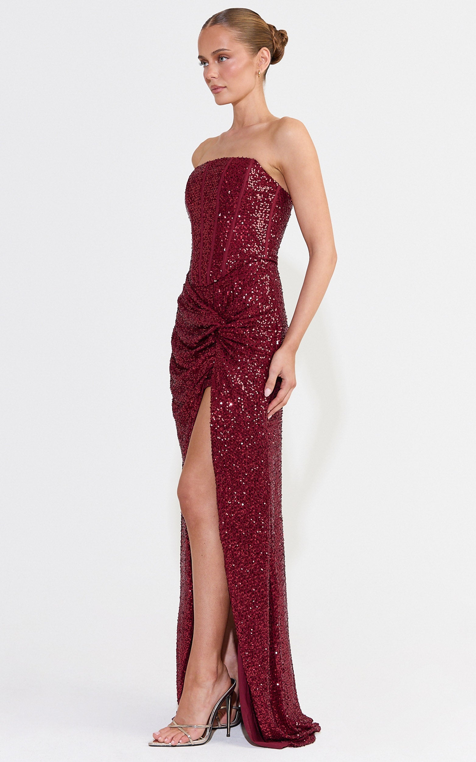 Tess Maxi Dress - Strapless Corset Bodice Sequin Dress With Draped Skirt in Wine