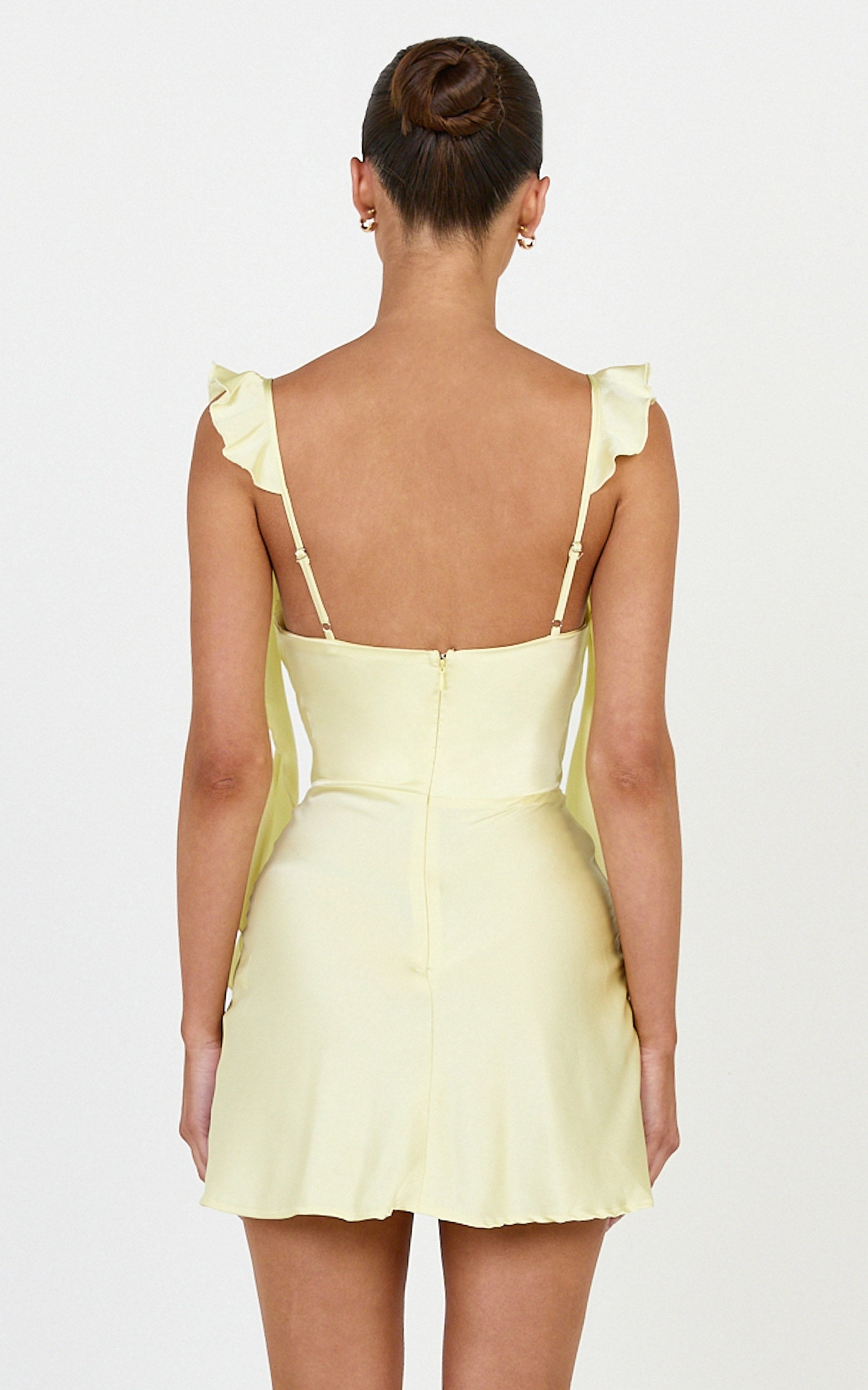 Belrose Mini Dress - Satin Square Neck Ruffle Front Bodycon Dress in Yellow