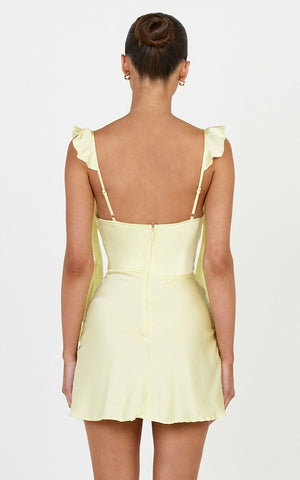 Belrose Mini Dress - Satin Square Neck Ruffle Front Bodycon Dress in Yellow