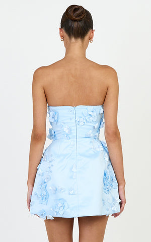 Delphine Mini Dress - Strapless Floral Embellished A Line Dress in Blue
