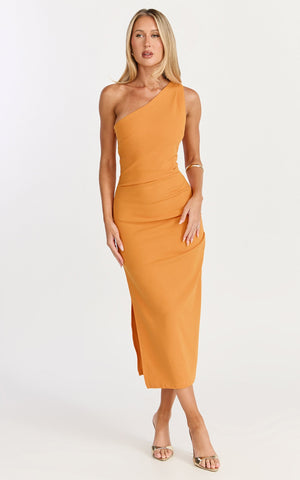 Monette Midi Dress - One Shoulder Straight Dress in Orange