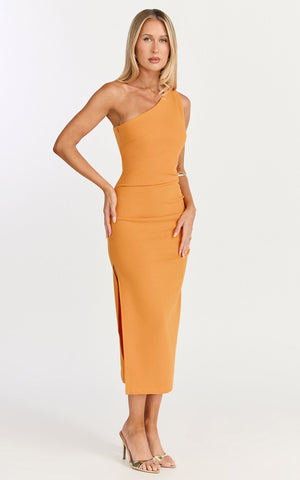 Monette Midi Dress - One Shoulder Straight Dress in Orange