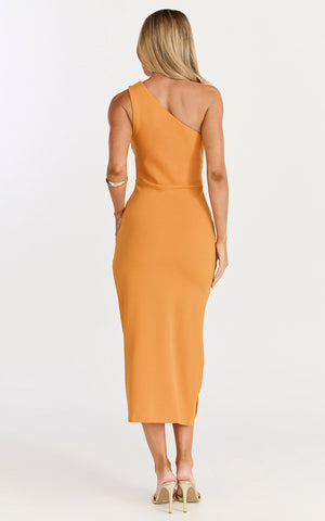 Monette Midi Dress - One Shoulder Straight Dress in Orange