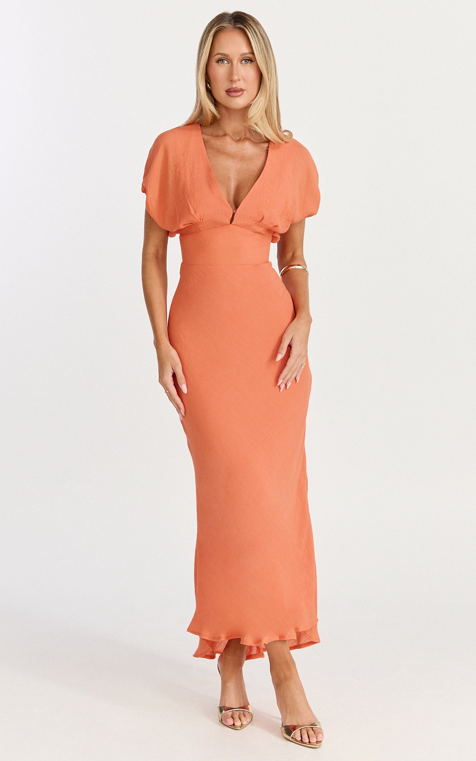 Desiree Midi Dress - V Neck Flutter Short Sleeve Slip Dress in Orange