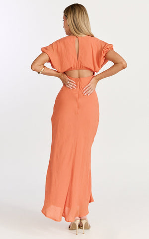 Desiree Midi Dress - V Neck Flutter Short Sleeve Slip Dress in Orange
