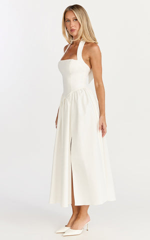Helda Midi Dress - Halter Tie Neck Corset Panel Dress in Off White