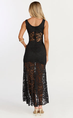 Tatum Midi Dress - Lace Off Shoulder Side Split Dress in Black