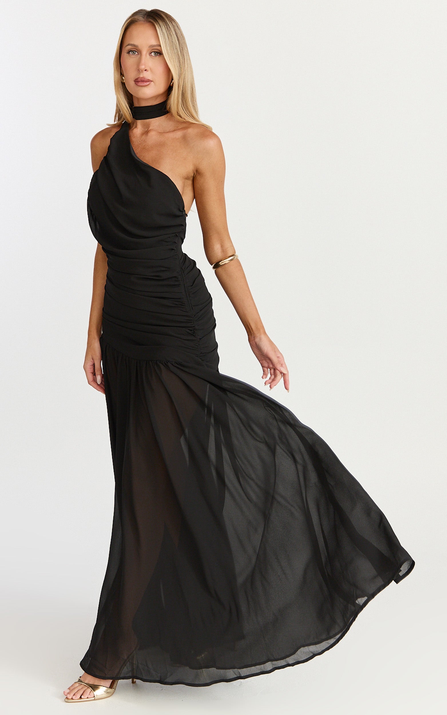 Enya Maxi Dress - One Shoulder Neck Tie Ruched High Split Dress in Black