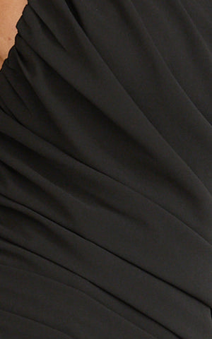 Enya Maxi Dress - One Shoulder Neck Tie Ruched High Split Dress in Black